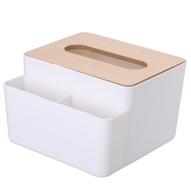 Multifunctional bamboo cover tissue box creative desktop puller box household living room simple plastic remote control storage box Item Picture
