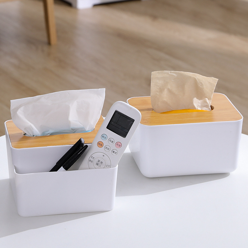 Multifunctional bamboo cover tissue box creative desktop puller box household living room simple plastic remote control storage box details Picture