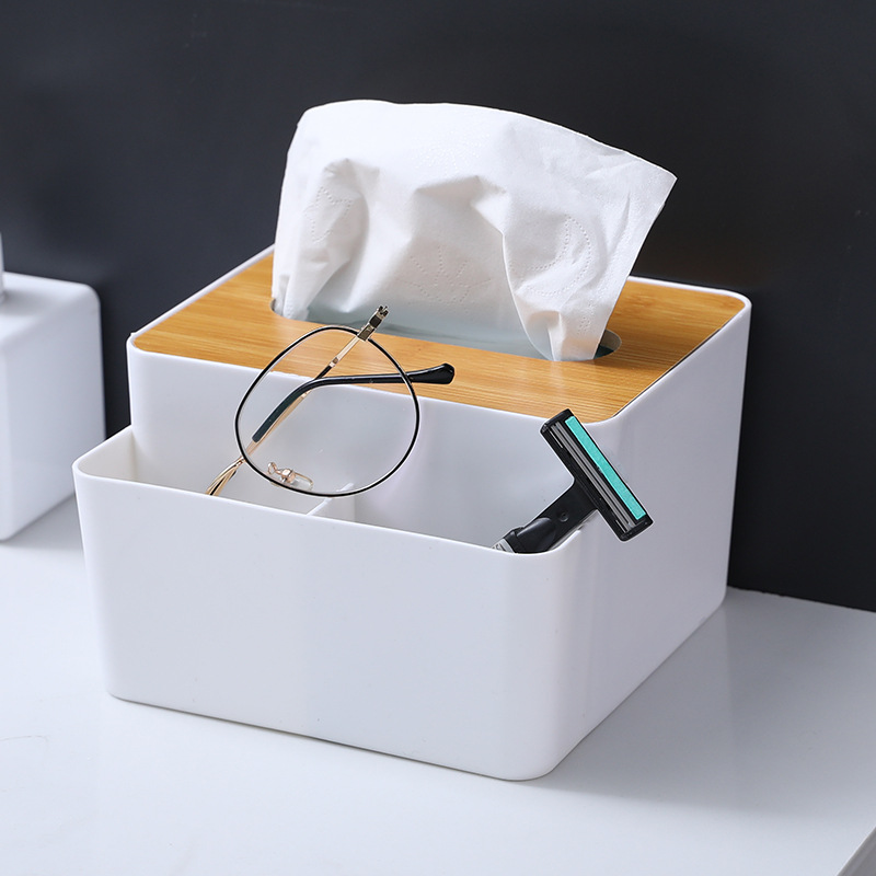 Multifunctional bamboo cover tissue box creative desktop puller box household living room simple plastic remote control storage box Specification drawing