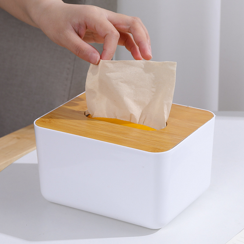 Multifunctional bamboo cover tissue box creative desktop puller box household living room simple plastic remote control storage box Application Scenario