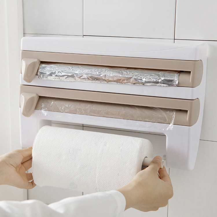Refrigerator hanging barbecue plastic wrap rack kitchen shelf with cutter plastic wrap storage rack wall hanging paper towel rack Application Scenario