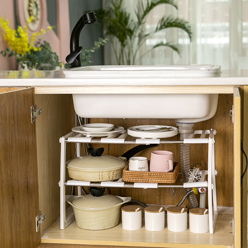 Contracted and practical stainless steel retractable sink kitchen shelf floor type pot rack sundry storage and finishing frame details Picture