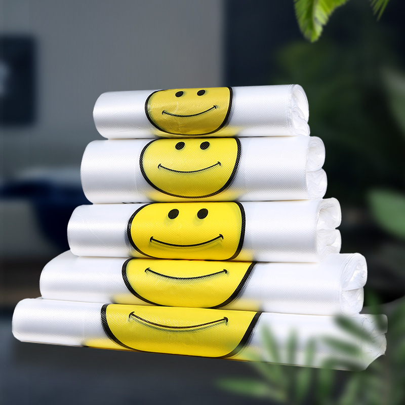 50pcs a pack thickened smiley face vest bag Supermarket shopping mall food tote bag household vest bag full figure