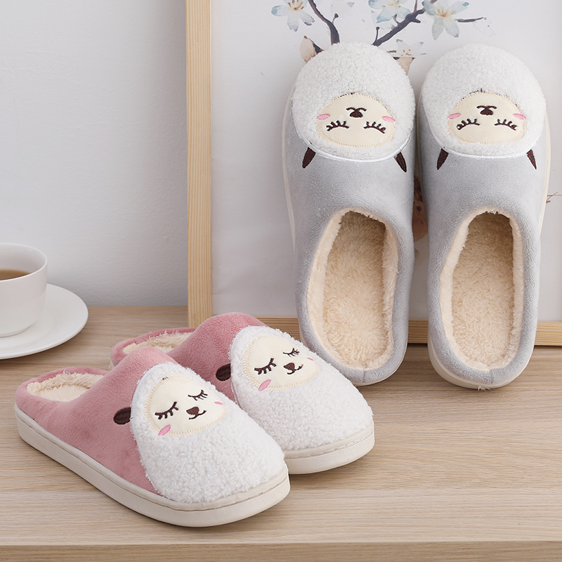2020 new autumn and winter home slippers indoor non-slip thermal plush cotton drag male and female lovers cartoon cotton slippers full figure