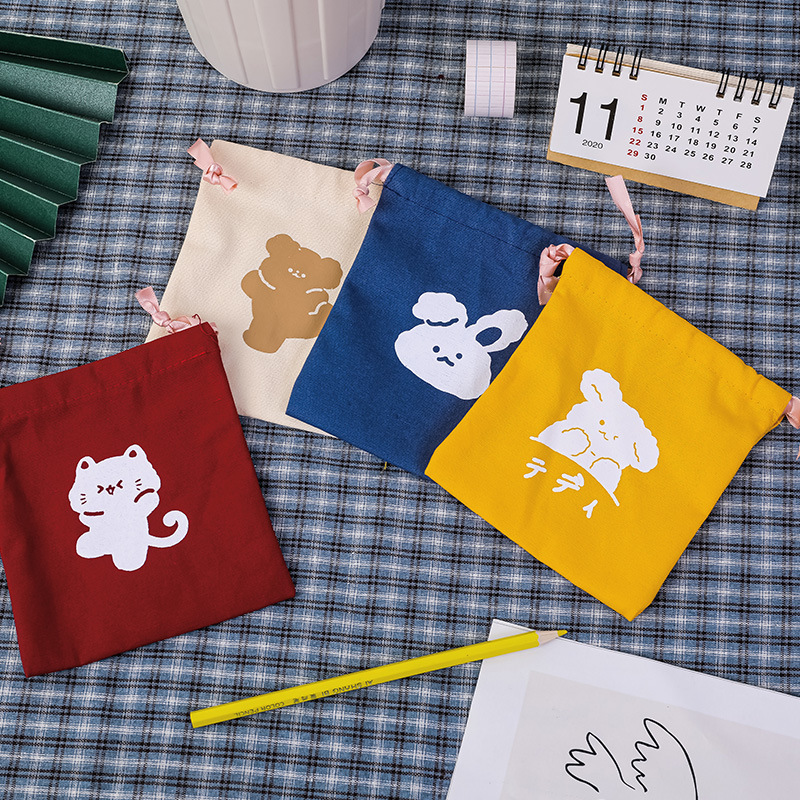 Cartoon bear bundle pocket student ins girl heart canvas storage bag lovely dustproof drawstring storage cloth bag details Picture