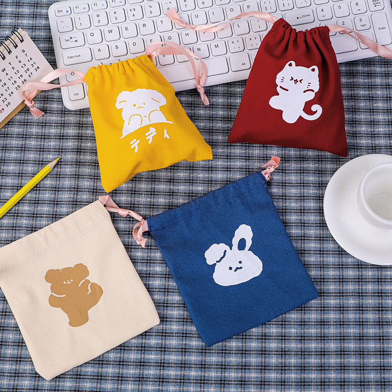 Cartoon bear bundle pocket student ins girl heart canvas storage bag lovely dustproof drawstring storage cloth bag full figure