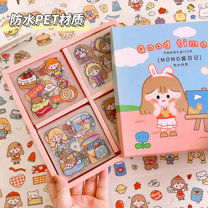 MOMO paste cartoon hand stick sticker set PET waterproof sticker girl gift box water cup stickers decorative hand stick full figure