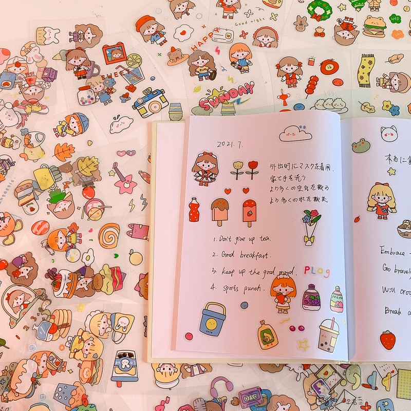 MOMO paste cartoon hand stick sticker set PET waterproof sticker girl gift box water cup stickers decorative hand stick Specification drawing