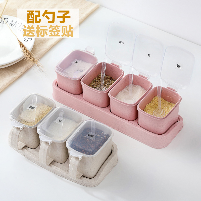 New kitchen supplies Wheat straw seasoning box with label separated separate seasoning jar kitchen full figure