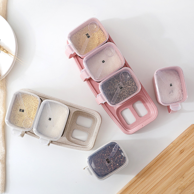 New kitchen supplies Wheat straw seasoning box with label separated separate seasoning jar kitchen Specification drawing