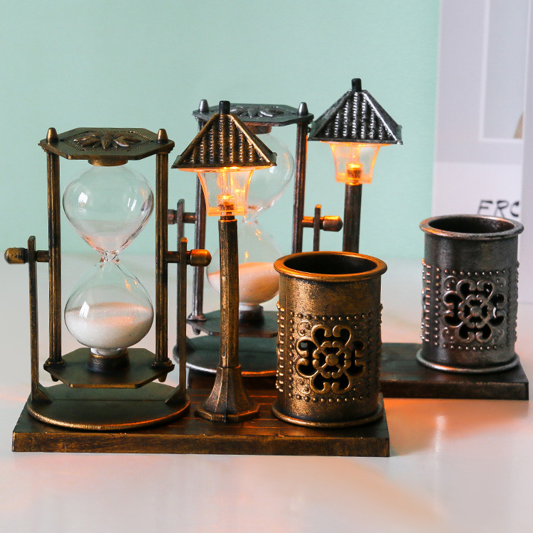 Creative retro street lamp hourglass pen holder two lights timing hourglass student decorations small night light Stationery store supply full figure