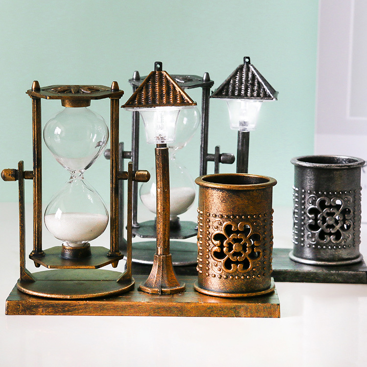 Creative retro street lamp hourglass pen holder two lights timing hourglass student decorations small night light Stationery store supply details Picture