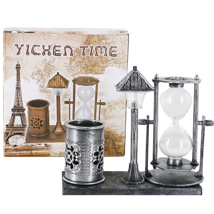 Creative retro street lamp hourglass pen holder two lights timing hourglass student decorations small night light Stationery store supply Item Picture