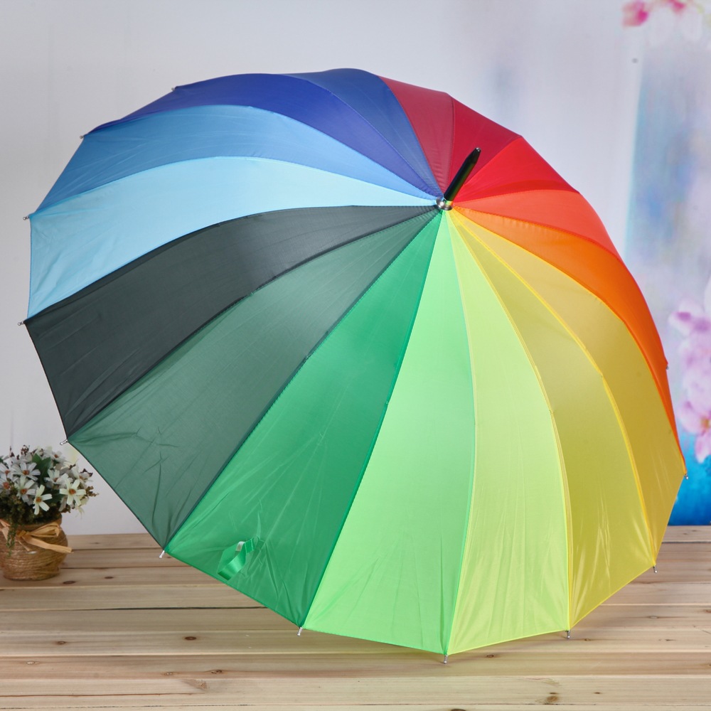 16 bone gradient straight pole rainbow umbrella automatic long handle windproof umbrella creative advertising umbrella details Picture