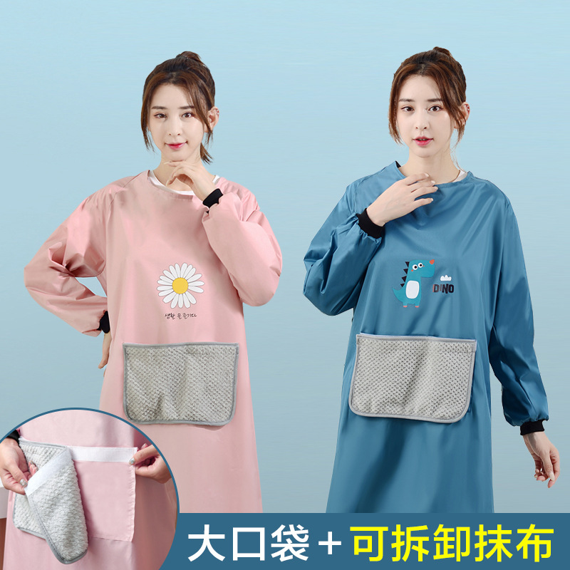 Home long sleeve apron can wipe hands waterproof and oil-proof smock female fashion kitchen cooking waist adult work clothes men details Picture