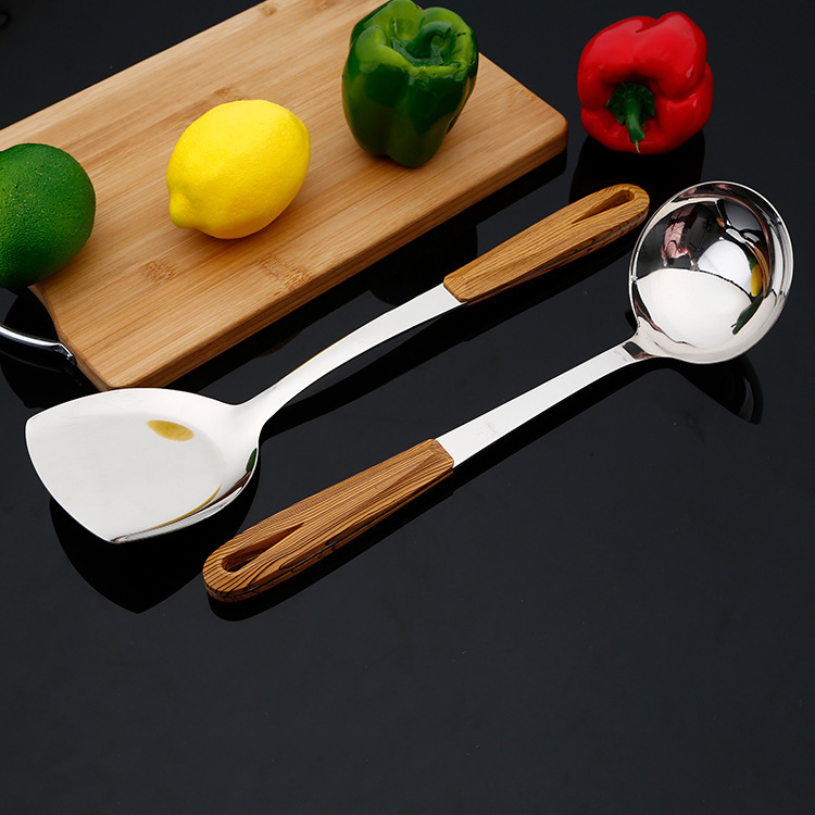 Stainless steel 3 cm thick wood grain grip handle cooking spatula colander two pieces details Picture