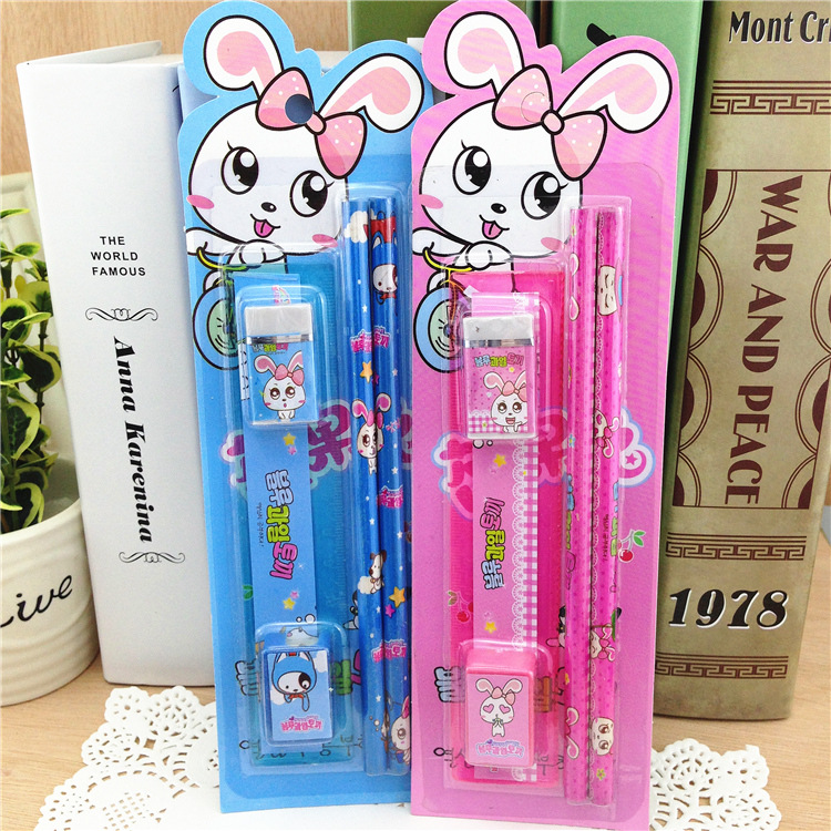 Pink blue 5-piece stationery set TZ803 Student stationery set wholesale Taobao source full figure