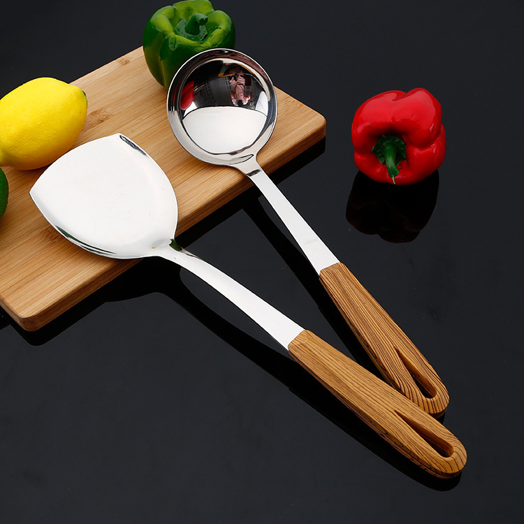 Stainless steel 3 cm thick wood grain grip handle cooking spatula colander two pieces full figure