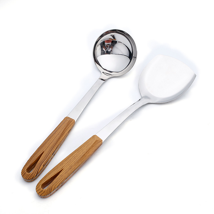 Stainless steel 3 cm thick wood grain grip handle cooking spatula colander two pieces Item Picture