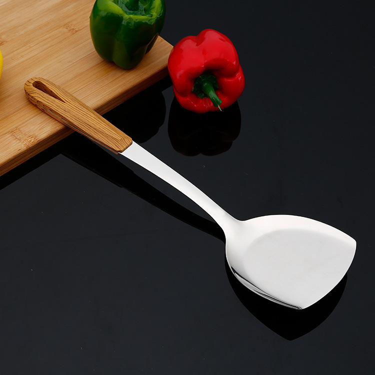Stainless steel 3 cm thick wood grain grip handle cooking spatula colander two pieces Specification drawing