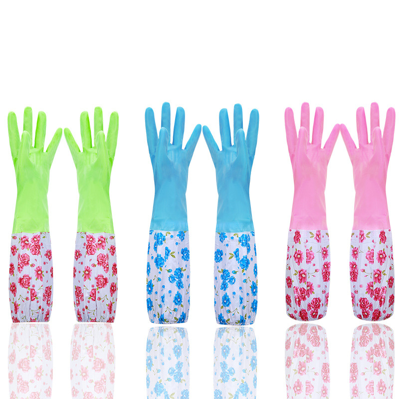 Household gloves plus velvet latex gloves for kitchen dishwashing and laundry durable rubber gloves waterproof long version full figure