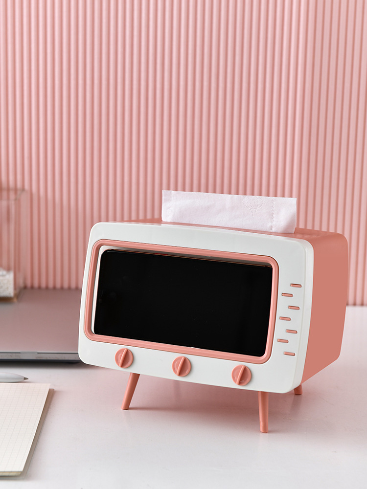2020 Creative desktop TV tissue box multifunctional roll-out carton Internet celebrity built-in mobile phone storage box Specification drawing