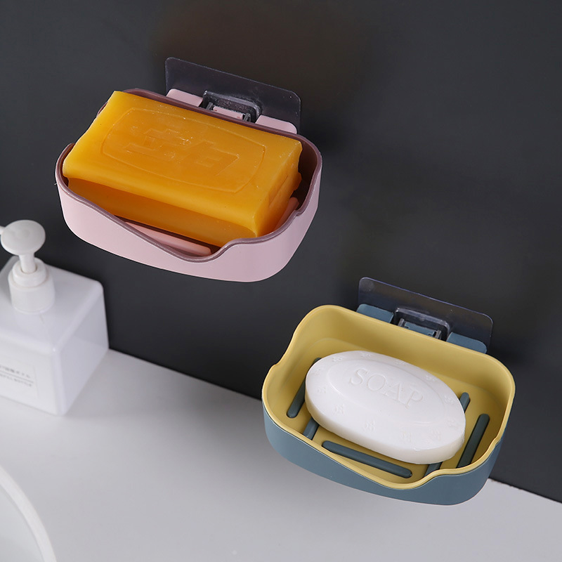 Strong non-trace paste asphalt soap box creative two-layer no-hole bathroom shelf two-color wall hanging soap box details Picture
