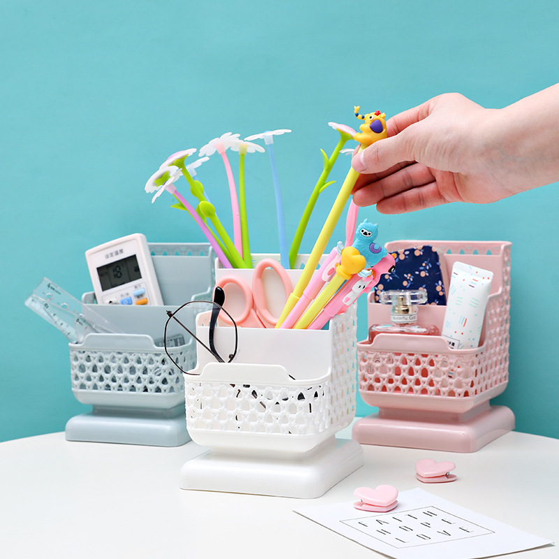 Simple and creative imitation rattan weave hollow pen holder multi-functional desktop storage box office stationery pen barrel makeup brush barrel Specification drawing