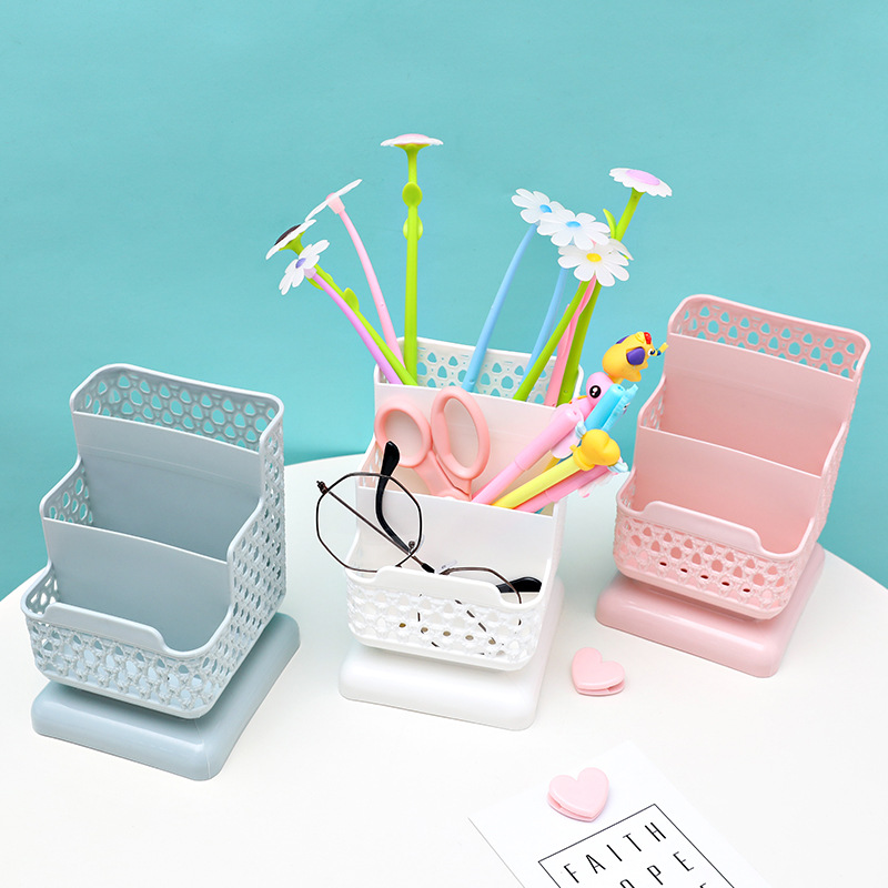 Simple and creative imitation rattan weave hollow pen holder multi-functional desktop storage box office stationery pen barrel makeup brush barrel details Picture