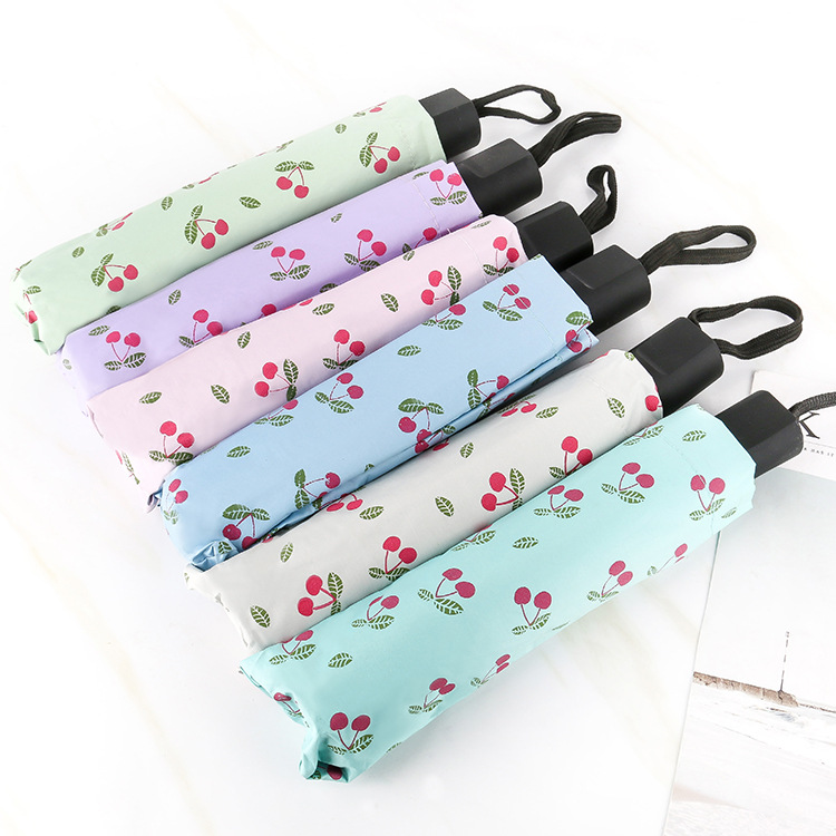 Folding black umbrella creative lovely little fresh cherry triple fold sunshade 8 bone manual sun protection and windproof umbrella Specification drawing