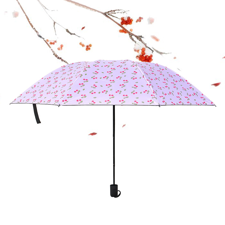 Folding black umbrella creative lovely little fresh cherry triple fold sunshade 8 bone manual sun protection and windproof umbrella details Picture