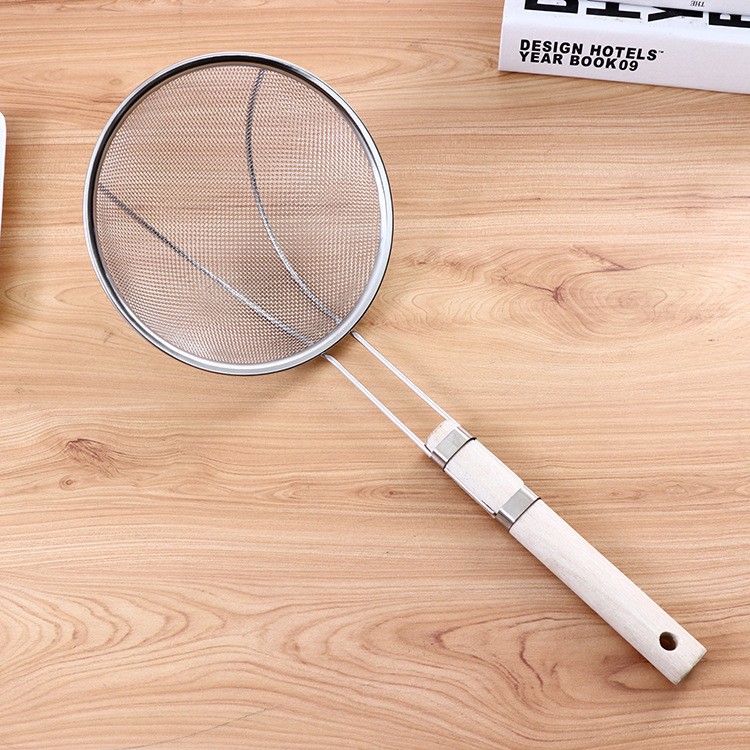 16-26# Wooden handle double wire reinforced stainless steel mesh colander kitchen wooden handle stainless steel filter leakage details Picture