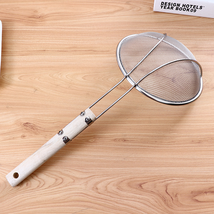 16-26# Wooden handle double wire reinforced stainless steel mesh colander kitchen wooden handle stainless steel filter leakage Specification drawing