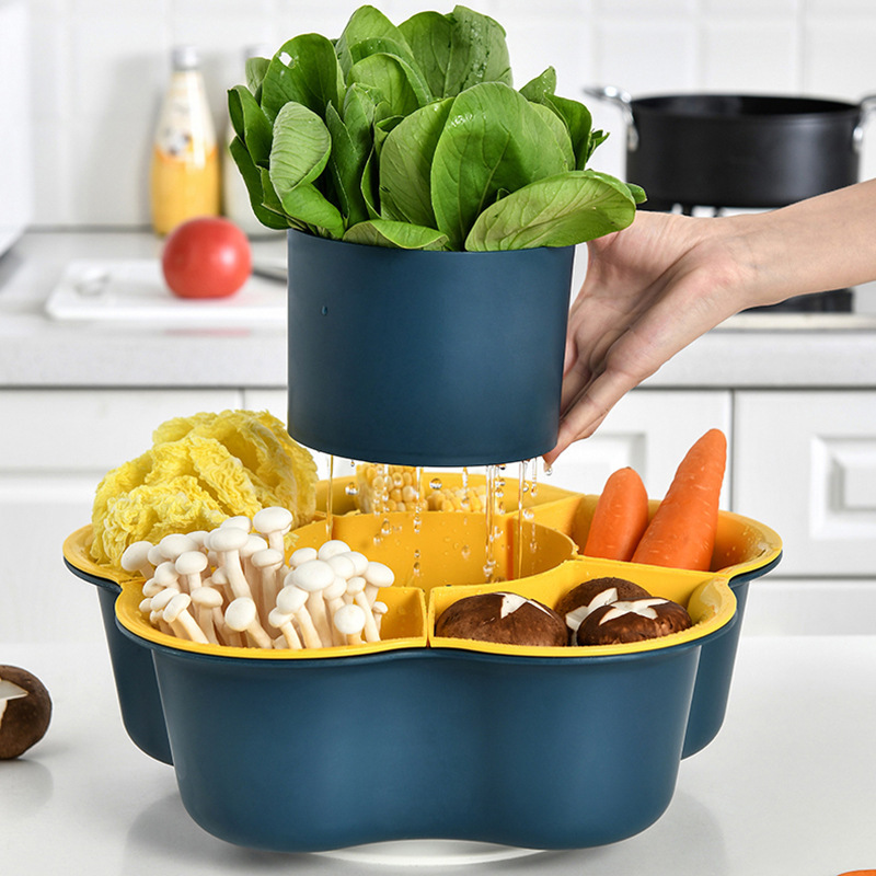 New 360 degree rotating vegetable drain basket household multi-functional double layer partition grid hot pot tray drain basket details Picture