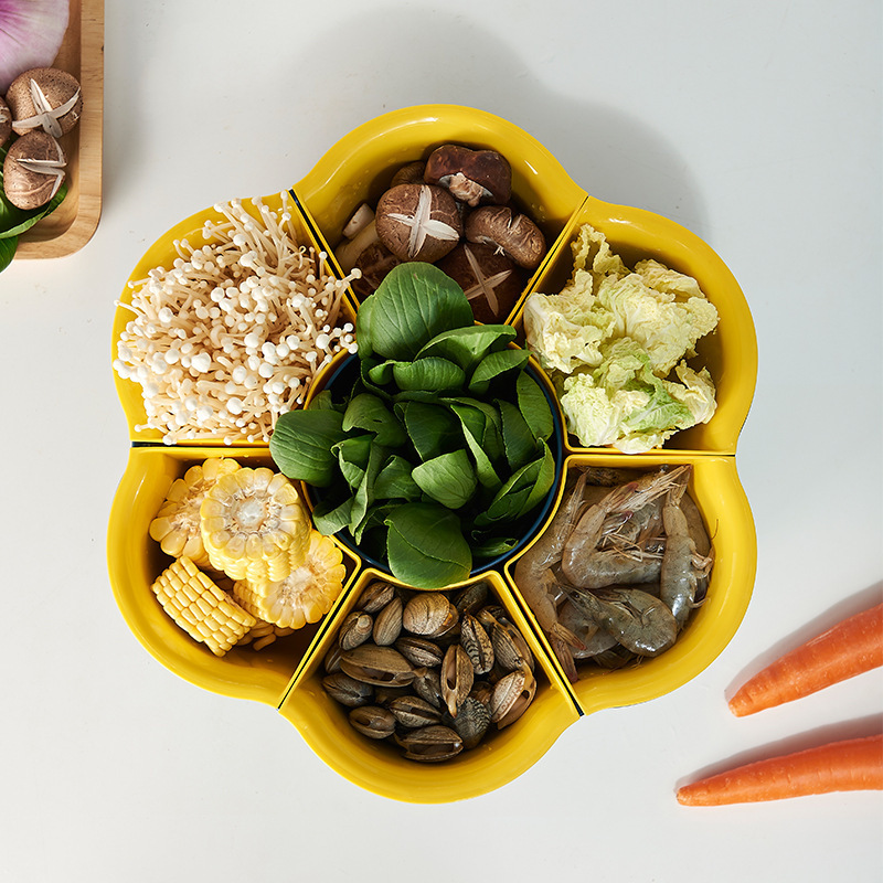 New 360 degree rotating vegetable drain basket household multi-functional double layer partition grid hot pot tray drain basket full figure