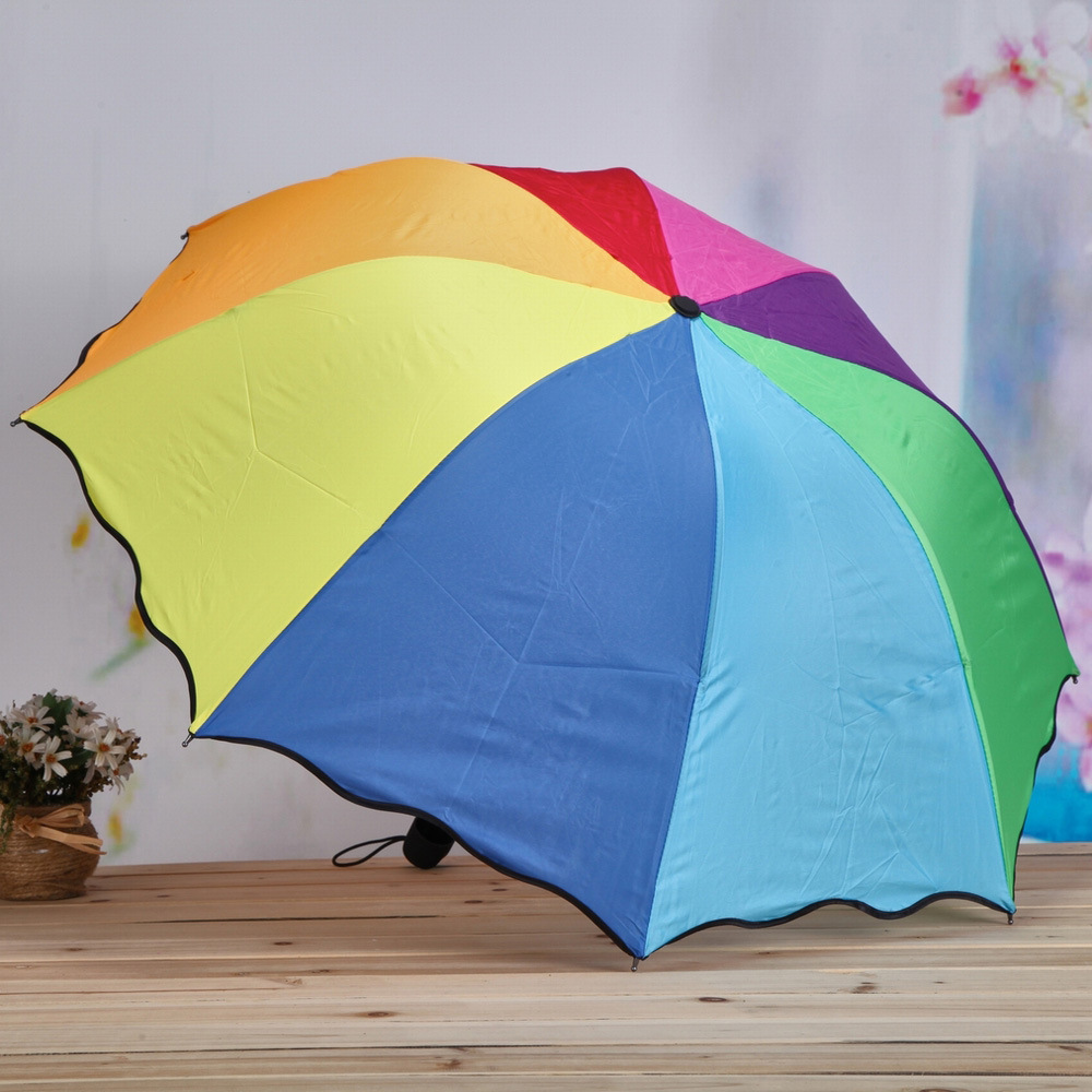Black lacquer Apollo rainbow folding umbrella ruffle decoration three fold umbrella creative sunny rain sunshade full figure