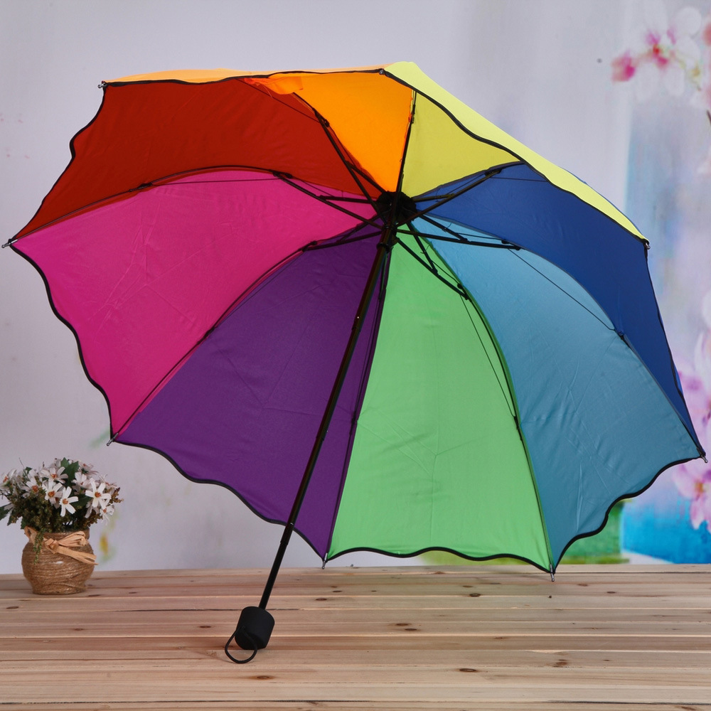 Black lacquer Apollo rainbow folding umbrella ruffle decoration three fold umbrella creative sunny rain sunshade details Picture