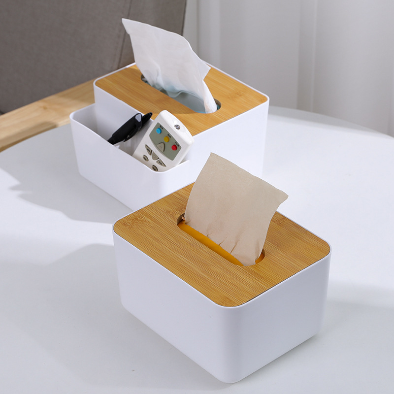 Multifunctional bamboo cover tissue box creative desktop puller box household living room simple plastic remote control storage box