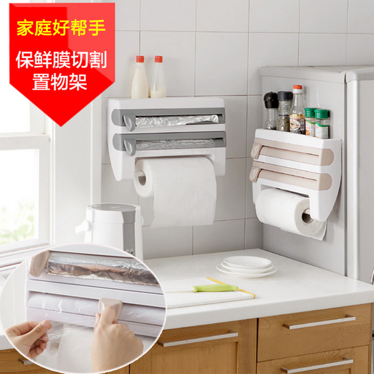 Refrigerator hanging barbecue plastic wrap rack kitchen shelf with cutter plastic wrap storage rack wall hanging paper towel rack