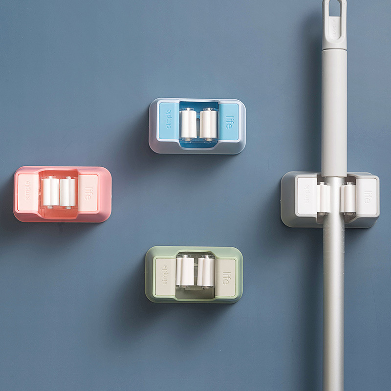 Large bathroom mop rack no hole no trace hook wall-mounted sticky hook clip rack booth mop storage rack