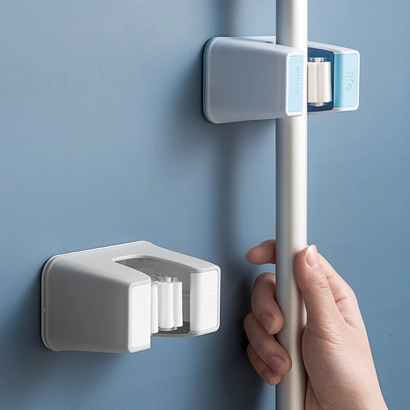 Large bathroom mop rack no hole no trace hook wall-mounted sticky hook clip rack booth mop storage rack