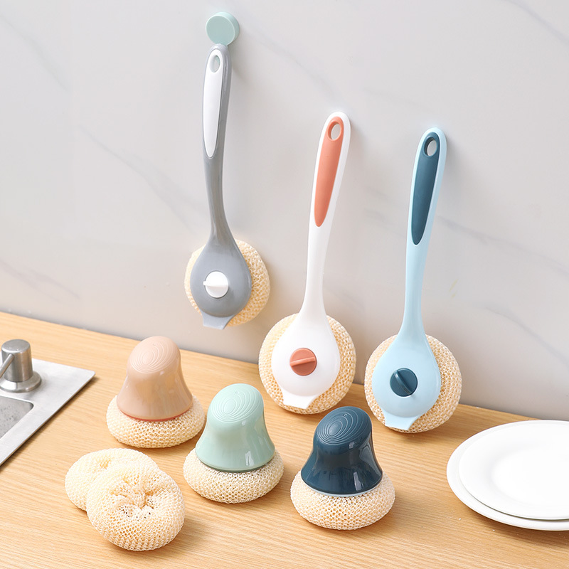 Long handle pot brush Kitchen cleaning ball degradable fiber cleaning brush household decontamination does not harm pot washing dish brush pot brush